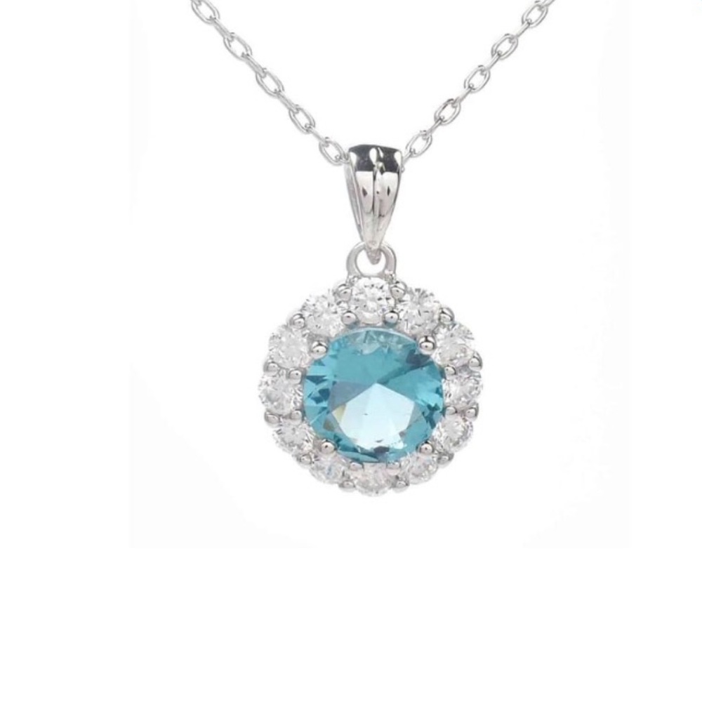 Savvy Cie Rhodium Plated CZ Blue Drop Pendant Necklace NWT
